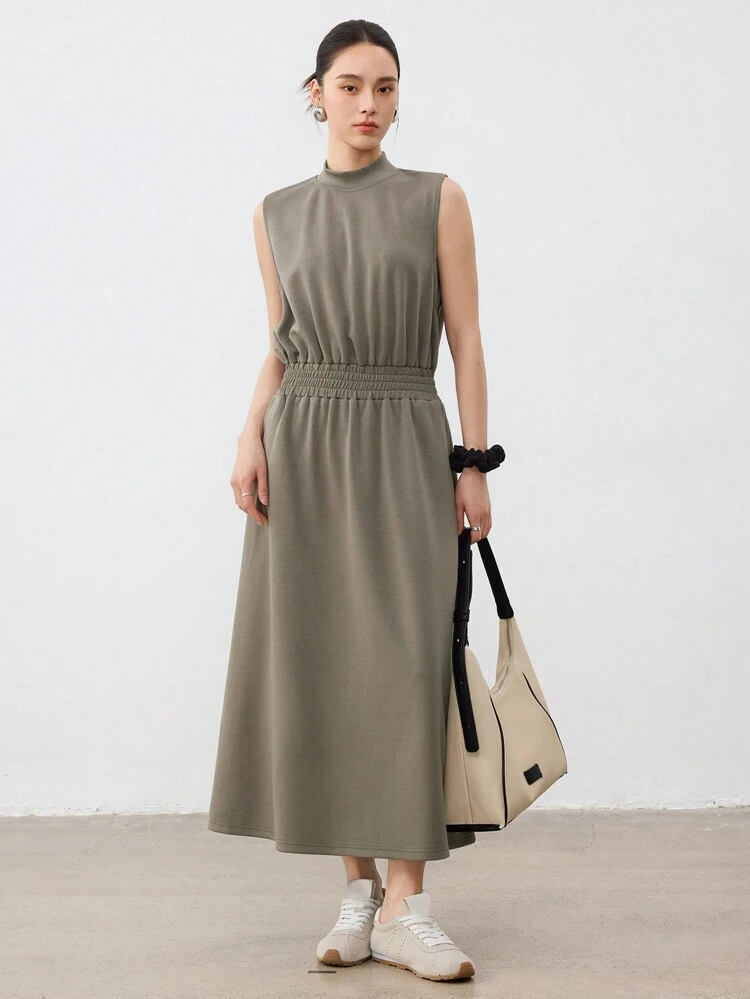 Business Casual Design Waist Cinched Simple Solid Color Sleeveless Midi Dress For Women Sundress Work Women Clothes