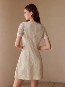 MOTF FASHIONABLE POINTELLE DECOR ROUND NECK FITTED SHORT SLEEVE MINI DRESS