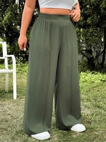 SHEIN EZwear 大码女式纯色松紧腰宽松休闲裤 - 橄欖綠 - 查看 3
