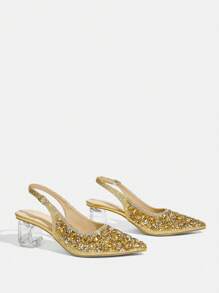 CUCCOO TILAWA Giày cao gót mũi nhọn đính đá pha lê lấp lánh cho nữ, thích hợp để đi chơi, dự tiệc, tiệc tùng và các sự kiện khác - Vàng - Xem 4