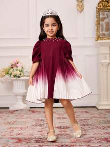 SHEIN 1pc Young Girls Woven Wine Red Round Neck Beaded Puff Sleeve Ruched Gradient Digital Print Dress With Invisible Zipper, Elegant Suitable For Party, Summer