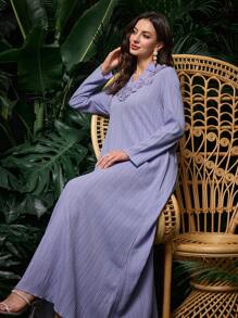 Al Najma Đầm suông họa tiết trang trí cổ đứng truyền thống rộng rãi màu trơn thanh lịch cho nữ, váy Ả Rập, kín đáo - Màu xanh Bạc hà - Xem 5