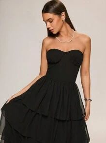 Glamine Vestido maxi elegante de gala de gasa con volante y volantes, vestido negro, bono de pastel