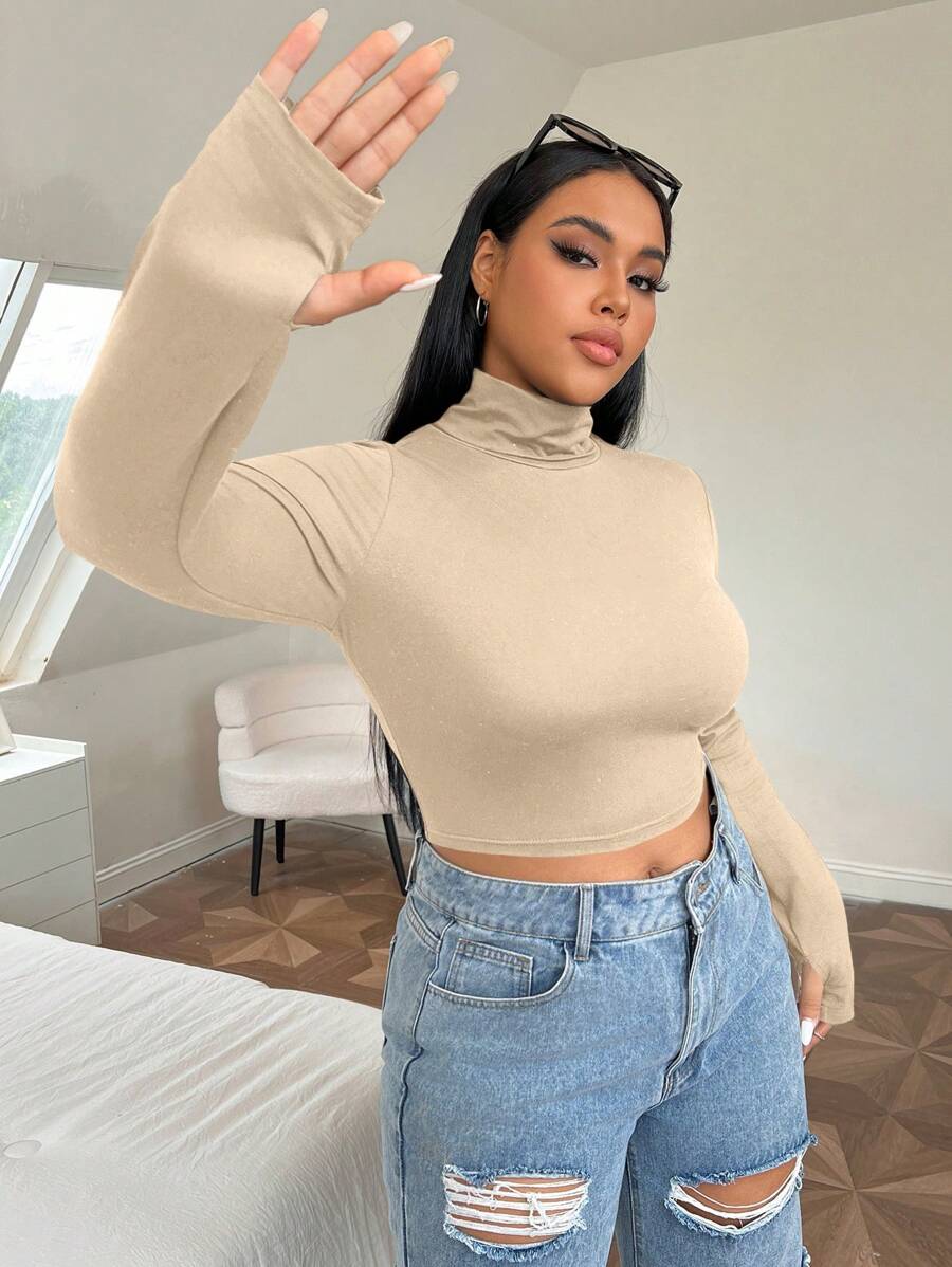 CovetEZ Plus High Neck Thumb Hole Crop Tee Spring Clothes