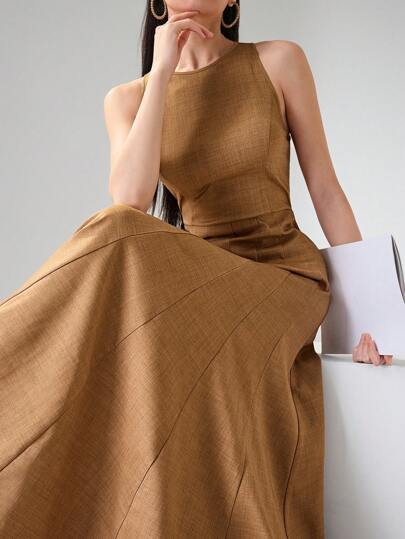 Heiryn Women Flared Ruffle Hem Long Dress Brown Dress Office Dresses For Women Elegant Dresses For Women