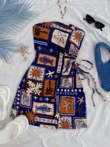 Soleia Tropical Island Elements Hollow Out Drawstring Waist Fitted Tube Top Dress, Holiday Date, Valentine's Day, Afternoon Tea Casual Wear,Summer Dresses For Women,Tea Party Dress - Multicolor - View 1