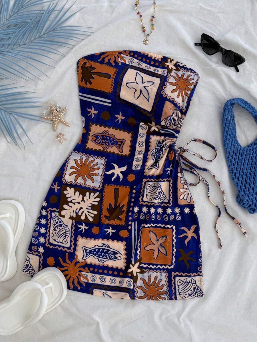 Soleia Tropical Island Elements Hollow Out Drawstring Waist Fitted Tube Top Dress, Holiday Date, Valentine's Day, Afternoon Tea Casual Wear,Summer Dresses For Women,Tea Party Dress - Multicolor - View 1