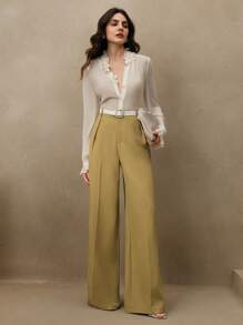 Anewsta Solid Color Straight Leg Elegant High Waist Trousers, Suitable For Vacations And New Year's Outfits - Olive Green - View 3