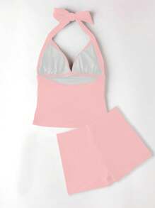 SHEIN Swim Women's Solid Color Spaghetti Strap-Back-Tie Simple Fitted Tnkini Set, For Summer Beach Vacation - Pink - View 6