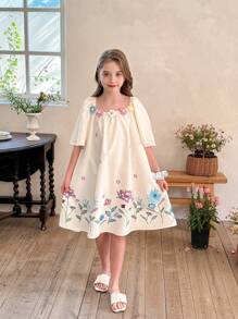 LMoss Kids LMoss Tween Girl Ditsy Floral Woven Loose Casual Sleeveless Dress,Suitable For Spring And Summer - Beige - View 3