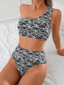 SHEIN Swim Bộ đồ bơi nữ mới cho kỳ nghỉ xuân, vải kết cấu, màu đen và trắng, viền vỏ sò, một bên vai, hai mảnh, bikini - Đen và trắng - Xem 2