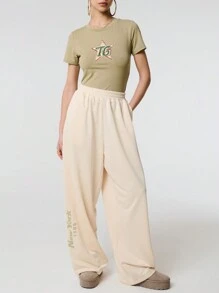 SHEIN Unity New York Logo Print Solid Wide Leg Casual Sweatpants With Pocket Fall Cloth For Women - Beige - View 4