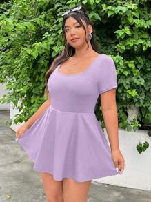 Solflare Plus Size Women's All-Match Solid Color Square Neck Short Sleeve A-Line Ruffle Hem High Elastic Quick Dry Breathable Functional Comfortable Fabric Jumpsuit Shorts, Suitable For Autumn/Winter, Outdoor, Sports, Yoga, Campus, Daily Wear