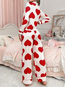 Valentine's Day Heart Print Sweet & Cute Lapel Women's Red Pajama Set - Multicolor - View 2