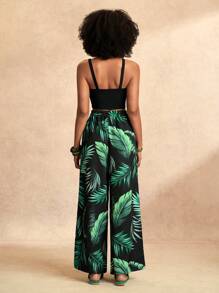 Zivah Black Fitted Spaghetti Strap Crop Top And Loose Wide Leg Pants/Baggy Pants/Flowy Pants/Palazzo 2-Piece Set - Casual Beach/Boho/Festival/Rave/Easter/Old Money/Country Concert/Going Out/Fairycore/Airport/Western/Tropical Vacation Outfits For Women - Multicolor - View 2