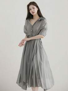 DAZY 女式翻领修腰不对称中长衬衫裙