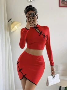 Chiquease Conjunto de 2 piezas con adorno de botones de estilo chino para mujeres, atuendo de Año Nuevo