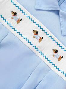 SHEIN Baby Boy Spring Summer  Simple Fashion Casual EverydayBlue Short Sleeve Small Lapel Dachshund Exquisite Embroidered Pattern Cute Baby Boy Bodysuit - Blue - View 5