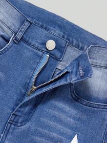 SHEIN 青少年女孩休闲星星印花圆领上衣和喇叭牛仔裤两件套服装 - 中等水洗藍 - 查看 4