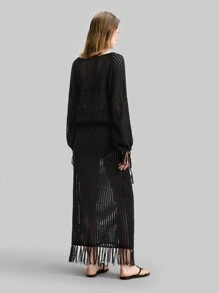 Ontre Conjunto de 2 piezas para mujer: suéter calado de punto con falda A-line con flecos, estilo bohemio casual, adecuado para vacaciones, festivales, playa, verano