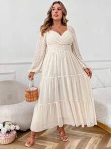 SHEIN PETITE Plus Size Women's Elegant Layered Ruffled Shoulder Short Sleeve Floral Embroidery Chiffon Dress, Suitable For Casual Gathering, Wedding, Spring/Summer