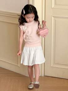 DAZY Young Girl Bow Decor Round Neck Cap Sleeve Sweater & Pleated Skirt 2 Pieces Set,Girls Summer Outfits - Pink - View 1