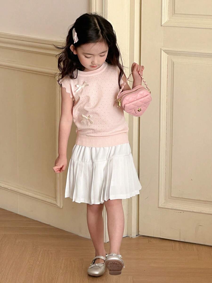 DAZY Young Girl Bow Decor Round Neck Cap Sleeve Sweater & Pleated Skirt 2 Pieces Set,Girls Summer Outfits - Pink - View 1