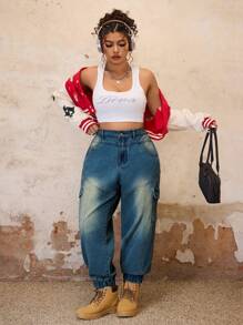 SHEIN ICON Plus Size Simple And Fashionable Casual Everyday Wear Cargo Denim Jeans - Dusty Blue - View 6