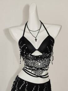 SHEIN ICON Sequin Halter Backless Tie Strap Cami Tank Top And Low Waist Shorts Set - Black - View 6