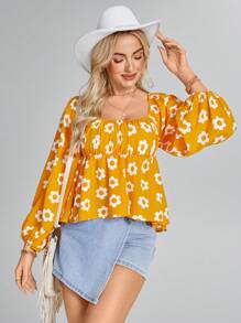 SHEIN LUNE Women's Floral Print Lantern Sleeve Square Neck Casual Blouse