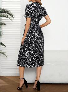 EMERY ROSE Women's Casual Commuter All-Over Print Short Sleeve Mid-Length Dress - Black - View 2