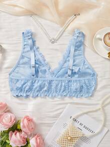 Plus Size Lace Bow Decor Wireless Bra Lingerie - Blue - View 2