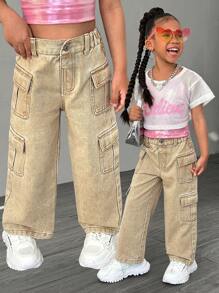Denimly Young Girls Casual Daily Urban Street Elastic Waist Button Front Multi-Pocket Cargo Khaki Straight Leg Jeans
