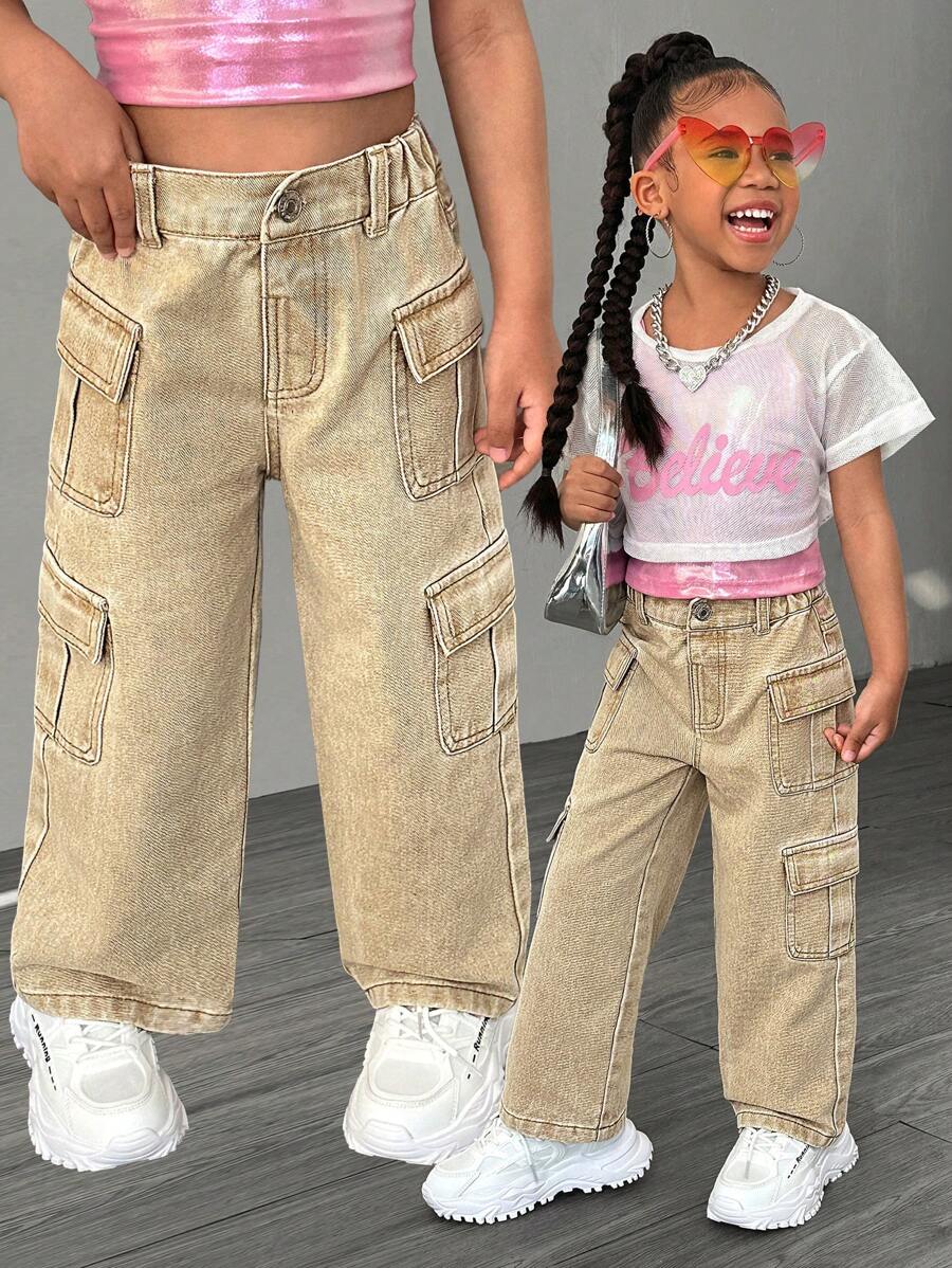 Denimly Young Girls Casual Daily Urban Street Elastic Waist Button Front Multi-Pocket Cargo Khaki Straight Leg Jeans