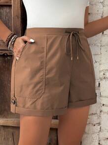 Nubod Plus Size Women Solid Color Waist Tie Pocket Shorts - Camel - View 1