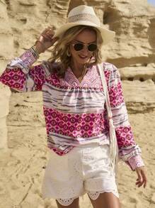 LanaWest Women Geometric Print Long Sleeve Casual Shirt (Printed Pattern Asymmetric) - Pink - View 1