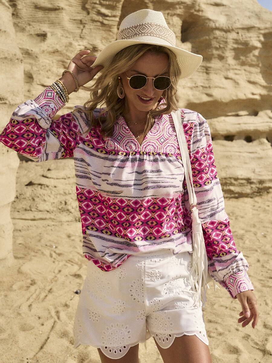 LanaWest Women Geometric Print Long Sleeve Casual Shirt (Printed Pattern Asymmetric) - Pink - View 1