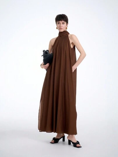 Aalyst Women's Long Solid Color Pocket Halter Dress, Spring/Summer