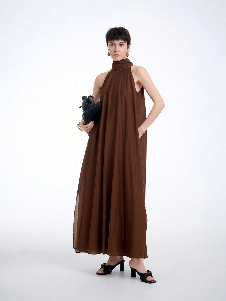 Aalyst Vestito lungo da donna con tasche, stile monocolore, con scollo a canottiera, adatto per la primavera/estate - Caffè Marrone - Visualizzare 1