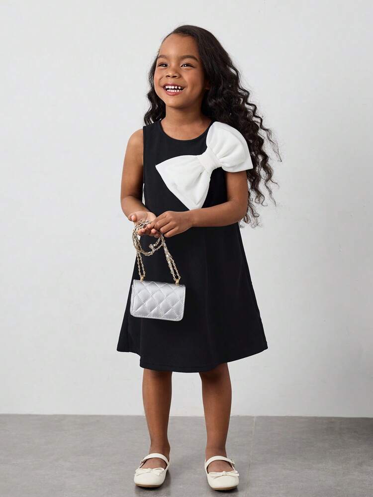 Young Girl Crew Neck Sleeveless Dress With 3D Bow Decor