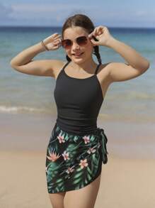 Tween Girls One-Piece Swimsuit With Mesh Skirt, 2pcs Casual Printed Swimwear Set - Black - View 1