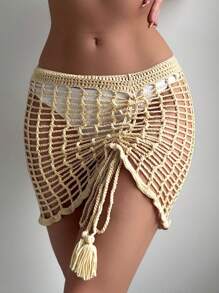SHEIN Swim Jupe de plage à taille haute kaki pour femme, faite main au crochet avec côtés ajourés, cordon de serrage à la taille et franges, convient pour les vacances