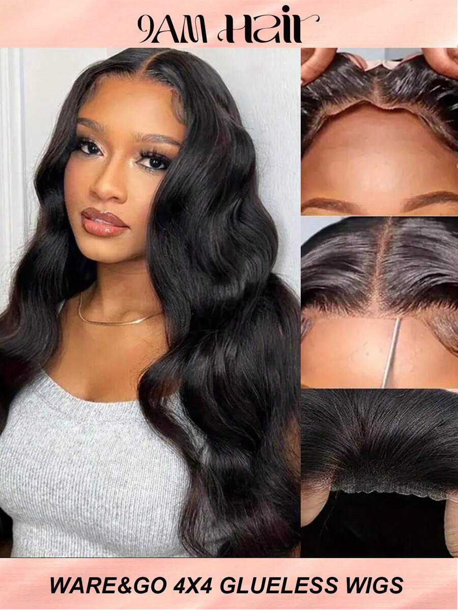 Body Wave Wear&Go 4X4 Lace Closure Wig Pre Plucked Pre Cut10-28 Inch Brazilian Glueless Human Hair Wig Beginner Friendly Natural Black Color - Natural Black - View 1