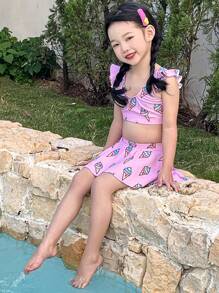 DAZY Young Girl Ice Cream Print Ruffle Swimwear Set - Pink - View 5