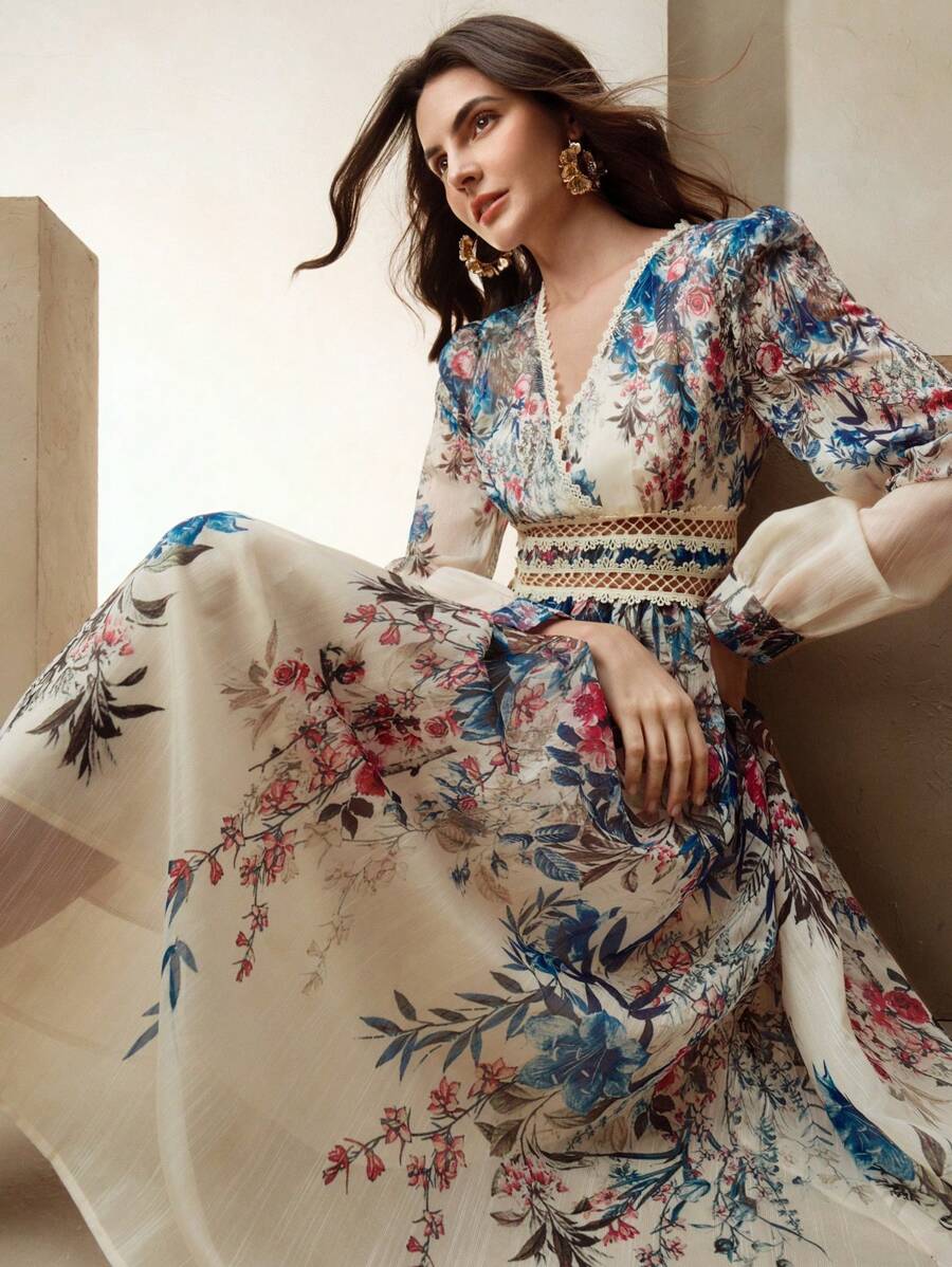 Anewsta 女士花卉印花灯笼袖 V 领优雅连衣裙，配有腰部抽绳，非常适合情人节、夏季海滩度假、新年 - 彩色 - 查看 1