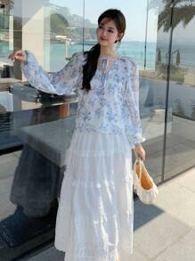 DAZY Elegant Vacation Blouse, Spring/Summer, Lantern Sleeve, Floral Printed, Lace-Up Women Shirt Long Sleeve Top - Blue - View 4