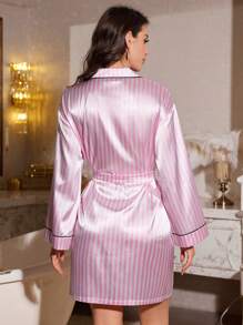 LuxeNights Decorative Trim Striped Faux Silk Women's Belted Bathrobe Luxe Loungewear Cozy And Elegant Details, Fall & Winter - Pink - View 2