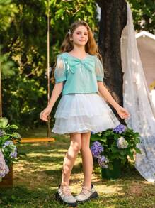 SHEIN Bộ trang phục 2 món cho bé gái tuổi mới lớn: Áo cánh organza tay bồng xếp nếp họa tiết hoa xanh lá cây và chân váy lưới trắng, trang phục thường ngày cho các chuyến đi chơi mùa xuân/hè và đến trường - Nhiều màu - Xem 7