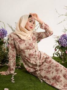 Graceveil Vestido abaya floral de flujo modesto y extra largo con estampado de teñido anudado para mujer