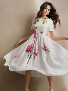 Anewsta French Vintage Romantic Rose Floral Print Round Neck Short Sleeve A-Line Dress For Women